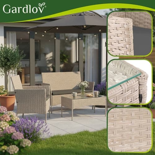 Utemöbelset technorattan beige 4 delar soffa 2 stolar bord glas
