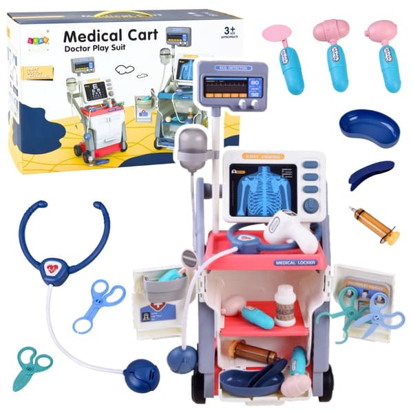 Lægesæt til børn med medicinvogn, rosa, røntgen/EKG, 3+ år