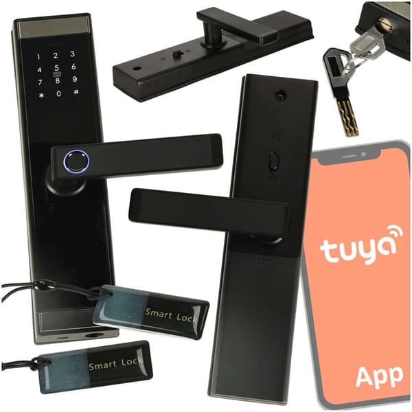 Elektronisk dørlås sort med fingeraftryk kode RFID nøgle app Tuya