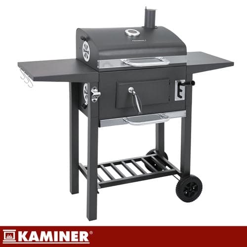 Kolgrill med lock och termometer, gjutjärnsgaller, överdrag, svart