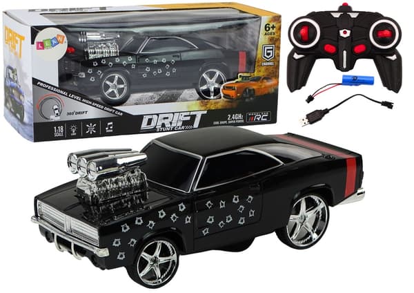 Radiostyret driftbil 1:18 sort 2,4GHz med lys/lyd + batteri/lader