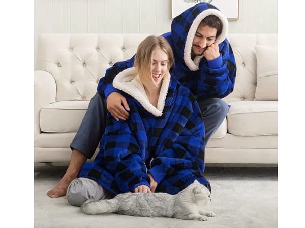 Fleecehuppari huppulla, sininen ruutukuvio, one size oversize
