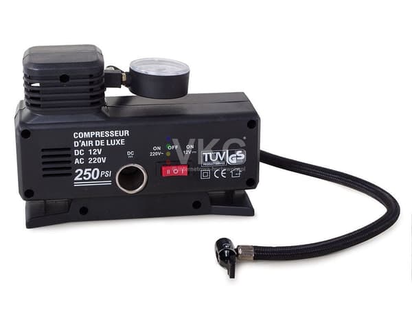 Luftkompressor 230V/12V 250 PSI med trykmåler og 3 mundstykker
