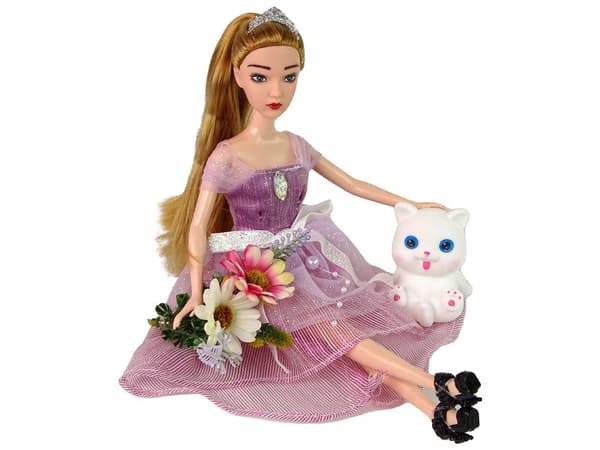 Dukke 30 cm med kat og tilbehør, lang kjole med tiara, 3+