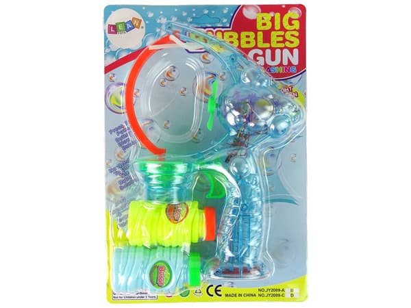 Såpbubbelpistol blå batteridriven med ljus & musik, 2 flaskor såplösning