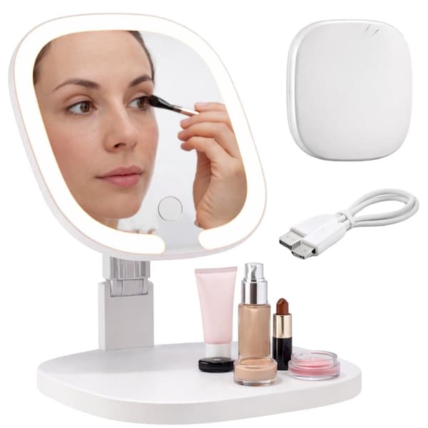 LED-makeupspejl 17x17 cm foldbart med 3 lysindstillinger USB-C genopladelig