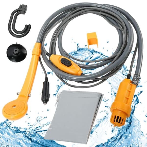 Campingbruser 12V til bil/autocamper med pumpe og slange, grå/orange