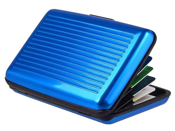 Kortholder i aluminium RFID-beskyttelse 6 rum blå 11x7,5x2 cm