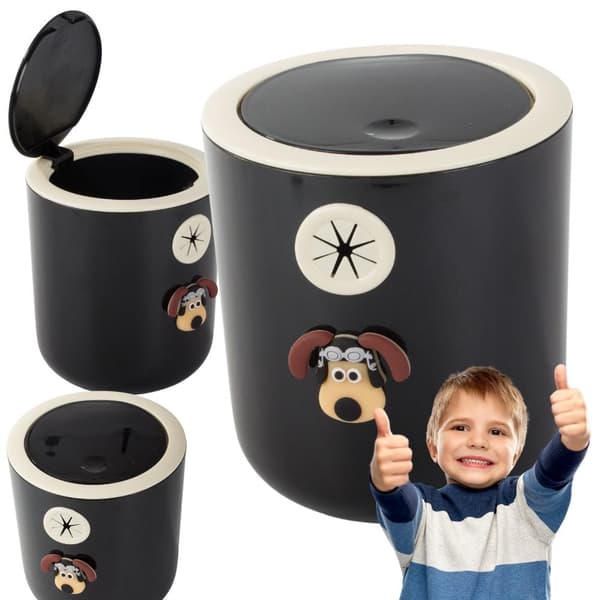 Mini papirkurv 2 L plast med automatisk åbning hundedesign sort/hvid