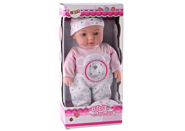 Babydukke 30 cm med lydfunktion, lyserød pyjamas og bamsehue