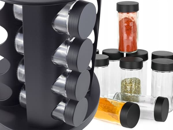 Roterende krydderistativ 12 glasbeholdere 80 ml mat sort 360°