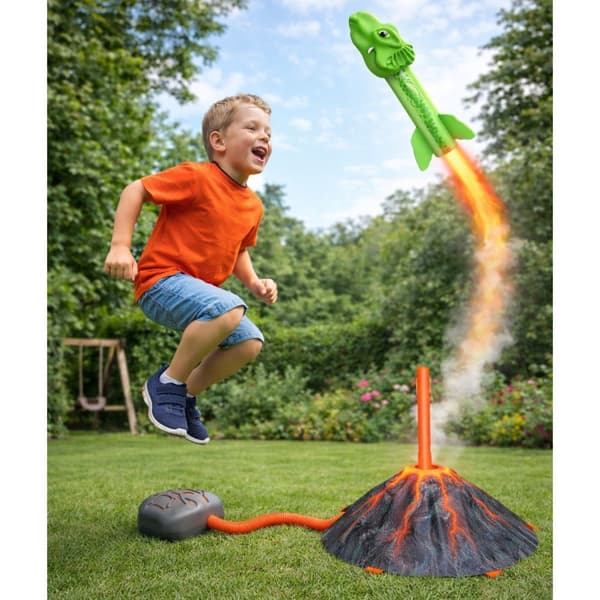 Dinosaurusraket launcher vulkan med fotpump, 3 skumraketer