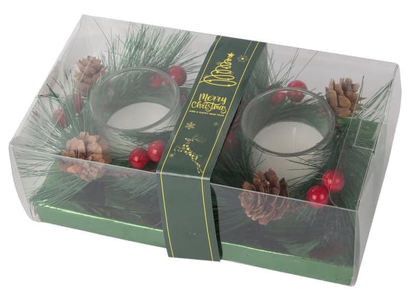 Dekorationsljus i glas med julkransmotiv 2-pack 6x5 cm