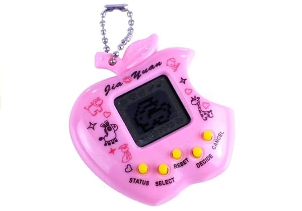 Tamagotchi virtuelt kæledyr nøglering lyserødt æble, batterier medfølger