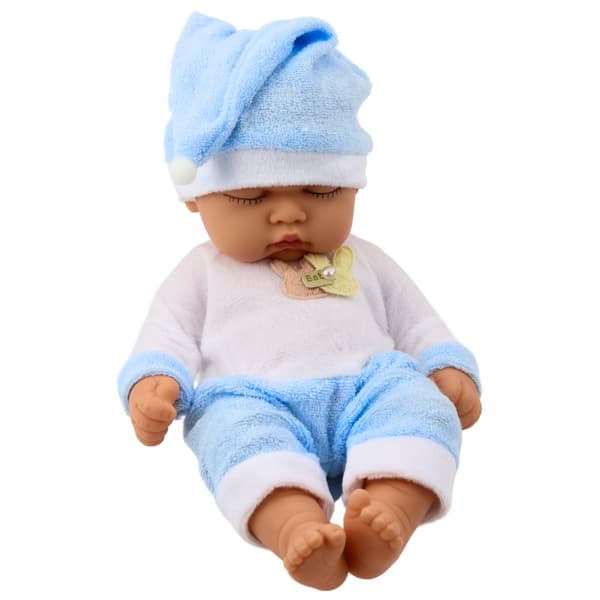Babydukke 24 cm sovende med blå pyjamas og hue