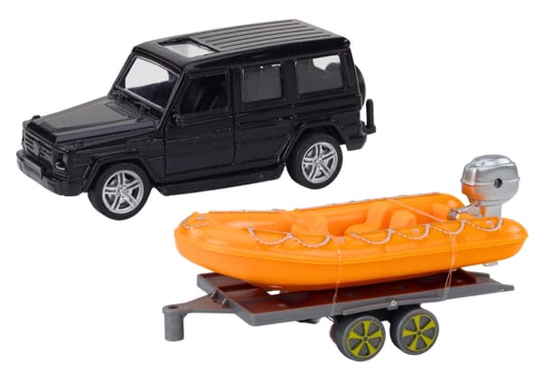 Legetøjsbil off-road med trailer og båd sort/orange 17 cm
