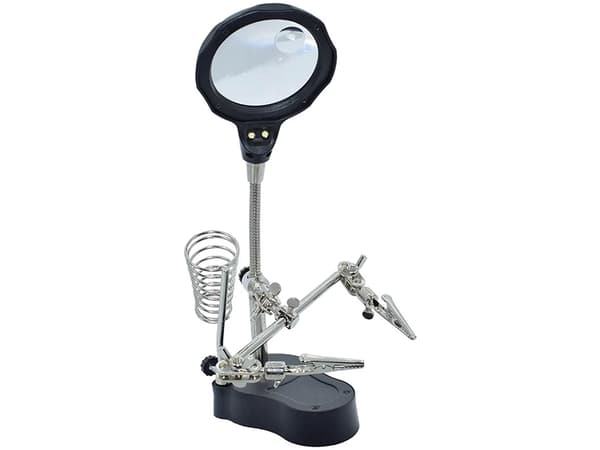 Tredje hånd loddeholder med forstørrelsesglas og 2 LED sort