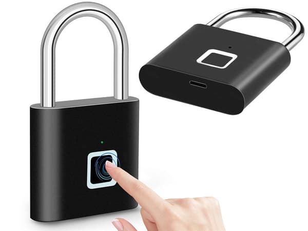 Hänglås med fingeravtryck USB-C uppladdningsbart svart för väska/skåp