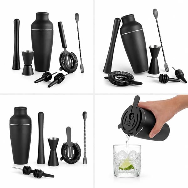 Cocktailshaker sæt rustfrit stål matsort med sigte og dobbeltmåler Black