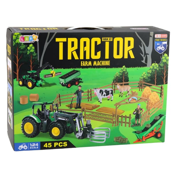 Gårdslegetøj 45 dele med traktor, løfteanhænger, dyr & figurer