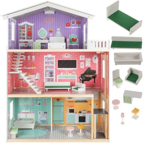 Dockhus i trä/MDF 114 cm, 3 våningar, 4 rum, 10 delar möbler