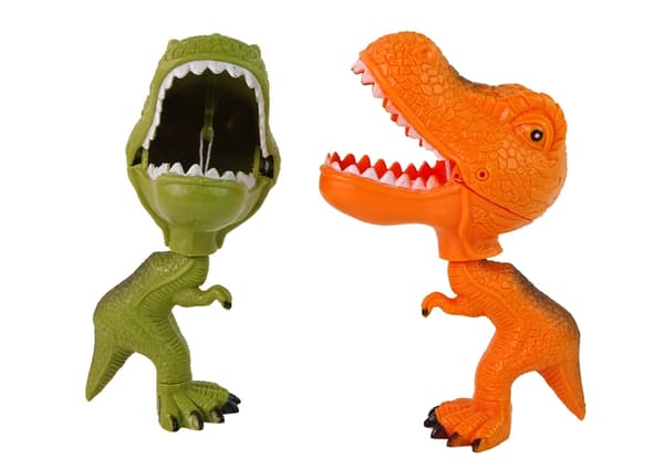 Rörlig T-Rex dinosaurieleksak med bitande käke, grön/orange 14 cm