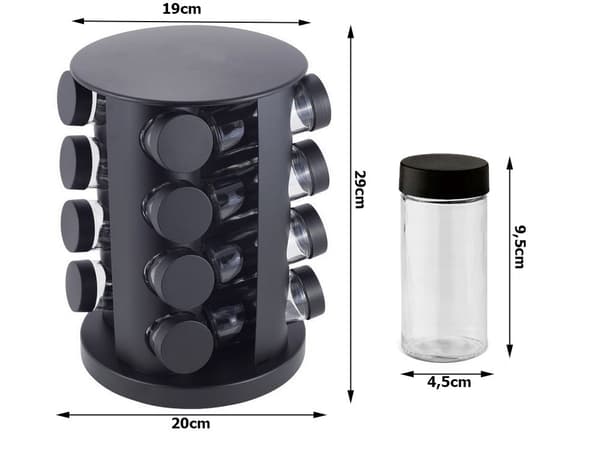 Roterende krydderistativ 12 glasbeholdere 80 ml mat sort 360°