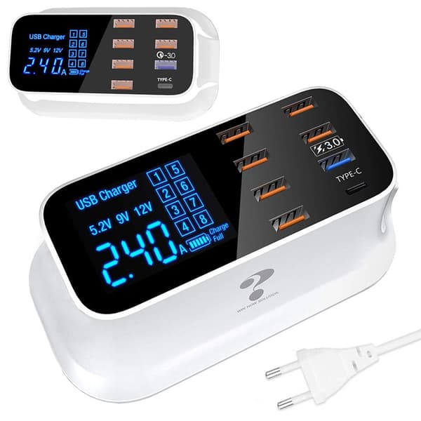 USB-oplader 8 porte med LED-display QC 3.0 + USB-C hvid