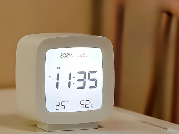 Digitalt vækkeur LCD med dato temp luftfugtighed hvid 8x8,5 cm