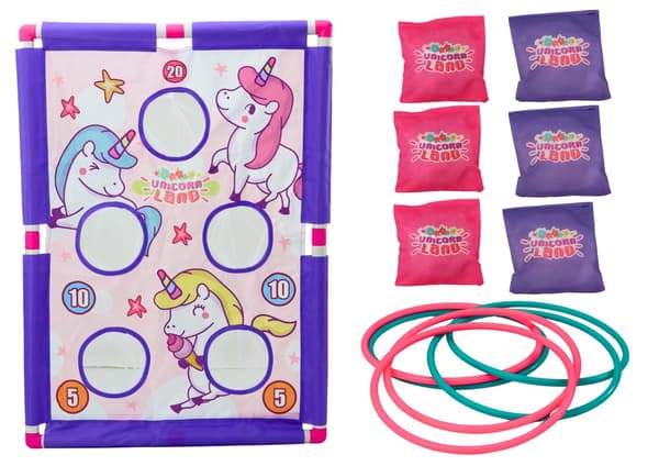 Målspel enhörning för barn 3+ med kastpåsar och ringar 76x55 cm