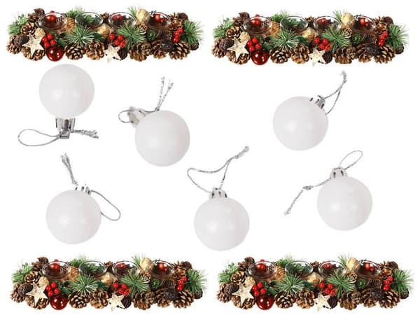 Julekugler i plast 6 cm, 36-pak, sølv/hvid, 6 designs
