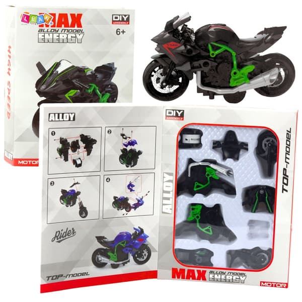 DIY motorcykelmodel 1:14 byggesæt i metal/plast grøn/sort