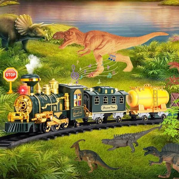 Elektrisk togsæt med skinner og dinosaurier, fjernstyret 27MHz