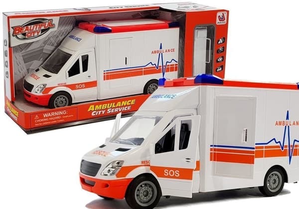 Legetøjsambulance 27 cm med båre, lyd & lys, friktionsdrev 3+