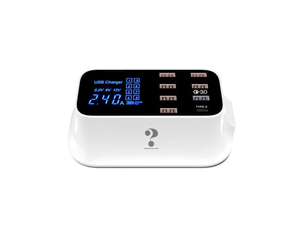 USB-oplader 8 porte med LED-display QC 3.0 + USB-C hvid