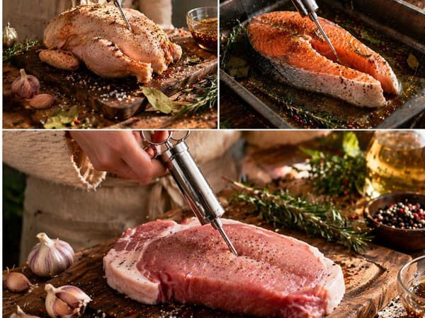Marinadesprøjte 60 ml rustfrit stål med 3 nåle 2 børster