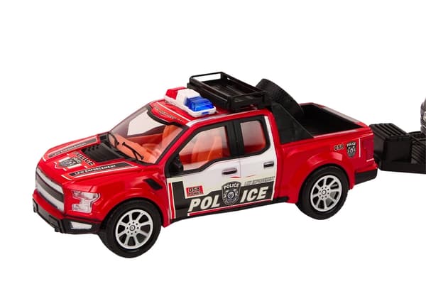 Polisbil leksaksset polispickup med bärgningsvagn och off-road bil