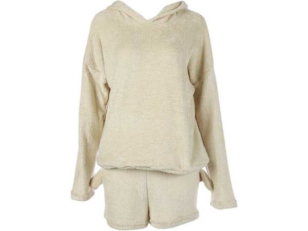 Pyjamassæt dame 2 dele bomuld M beige, langærmet trøje + shorts