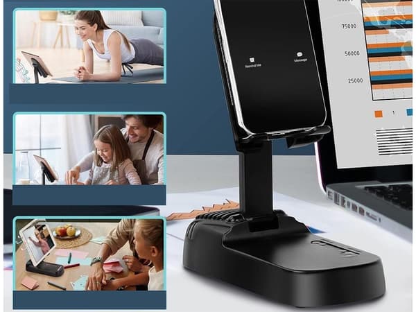 Puhelinteline Bluetooth-kaiuttimella ja powerbankilla säädettävä musta