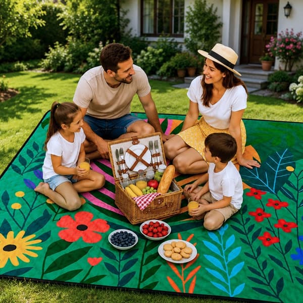 Picknickfilt 100x150 cm blommönster hopvikbar med bärrem