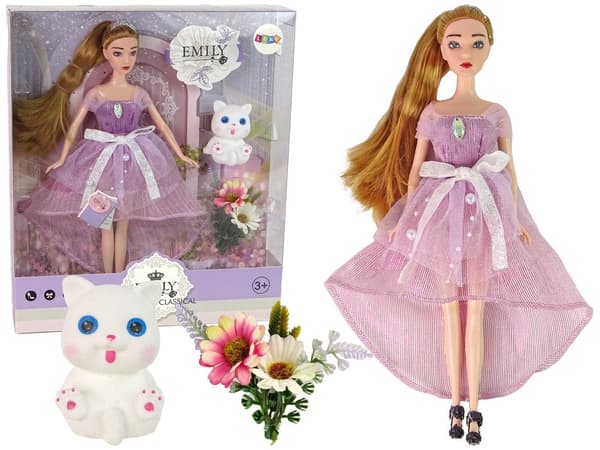 Dukke 30 cm med kat og tilbehør, lang kjole med tiara, 3+