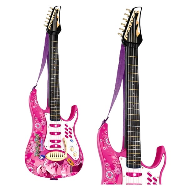 Legetøjs elguitar rosa med mikrofon, stativ & forstærker 72 cm