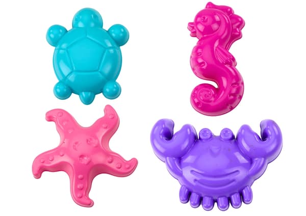 Sandforme havdyr 4-pack i plast – krabbe skildpadde søstjerne søhest