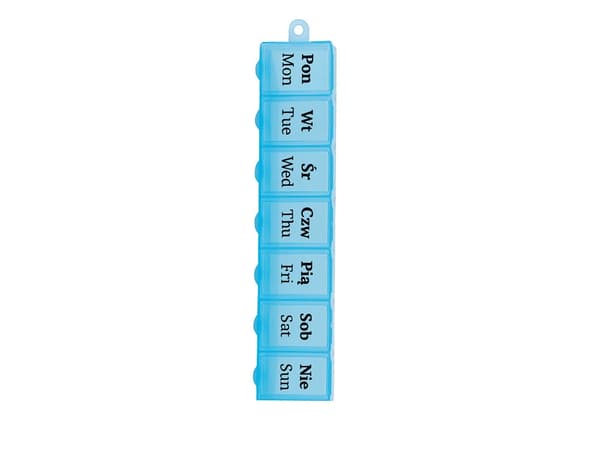 Ugedoseringsæske 7 rum i plast 15x3x2 cm, blå
