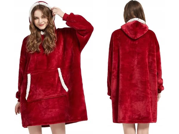 Filttrøje med hætte teddyfleece burgundy one size 85 cm