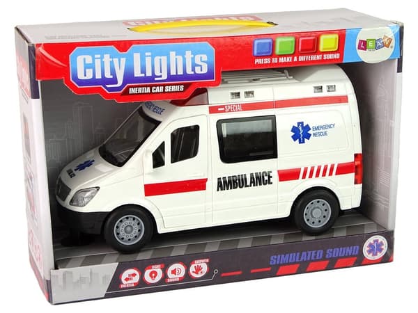 Legetøjsambulance 22 cm med friktionsdrev, lydknapper og åbningsbare døre