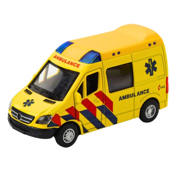 Ambulanssilelu 1:32 metallia pull-backilla, valo/ääni, keltainen