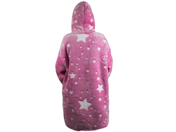 Oversize fleece-trøje med hætte og lomme rosa stjerner onesize