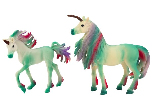 Enhörningsfigurer 2-pack grön vuxen + föl 12 cm/8 cm, CE EN71