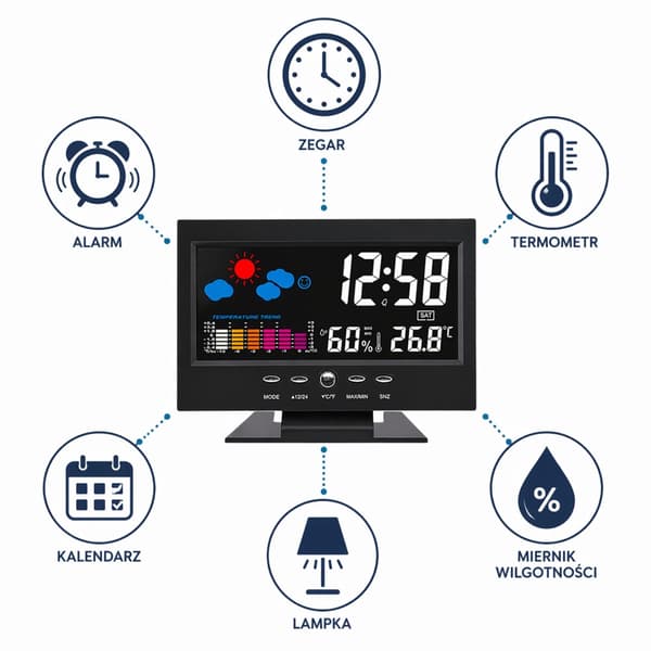 Digitalt bordur med farvedisplay, termometer & hygrometer, 12/24h